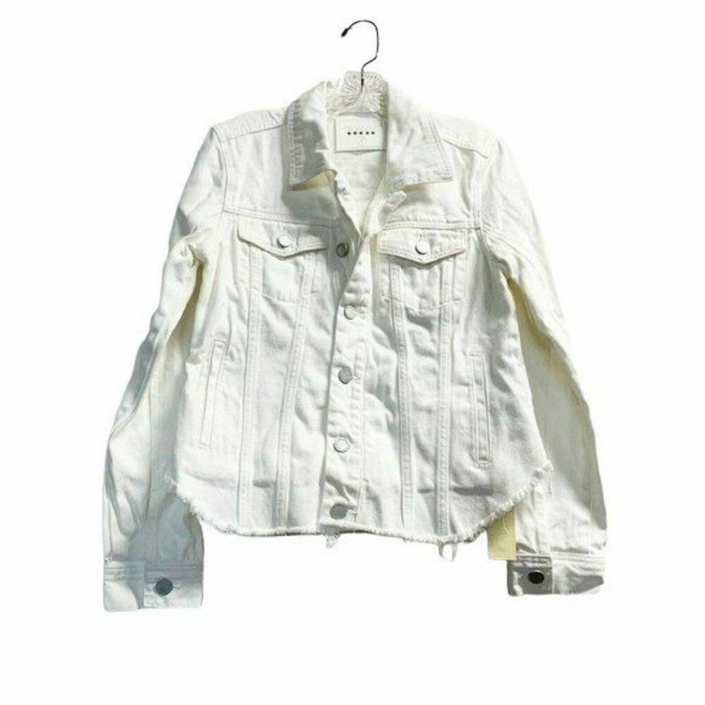 NWT Blank NYC Sharkbite Frayed Hem White Denim Jacket Cropped Raw Edge S